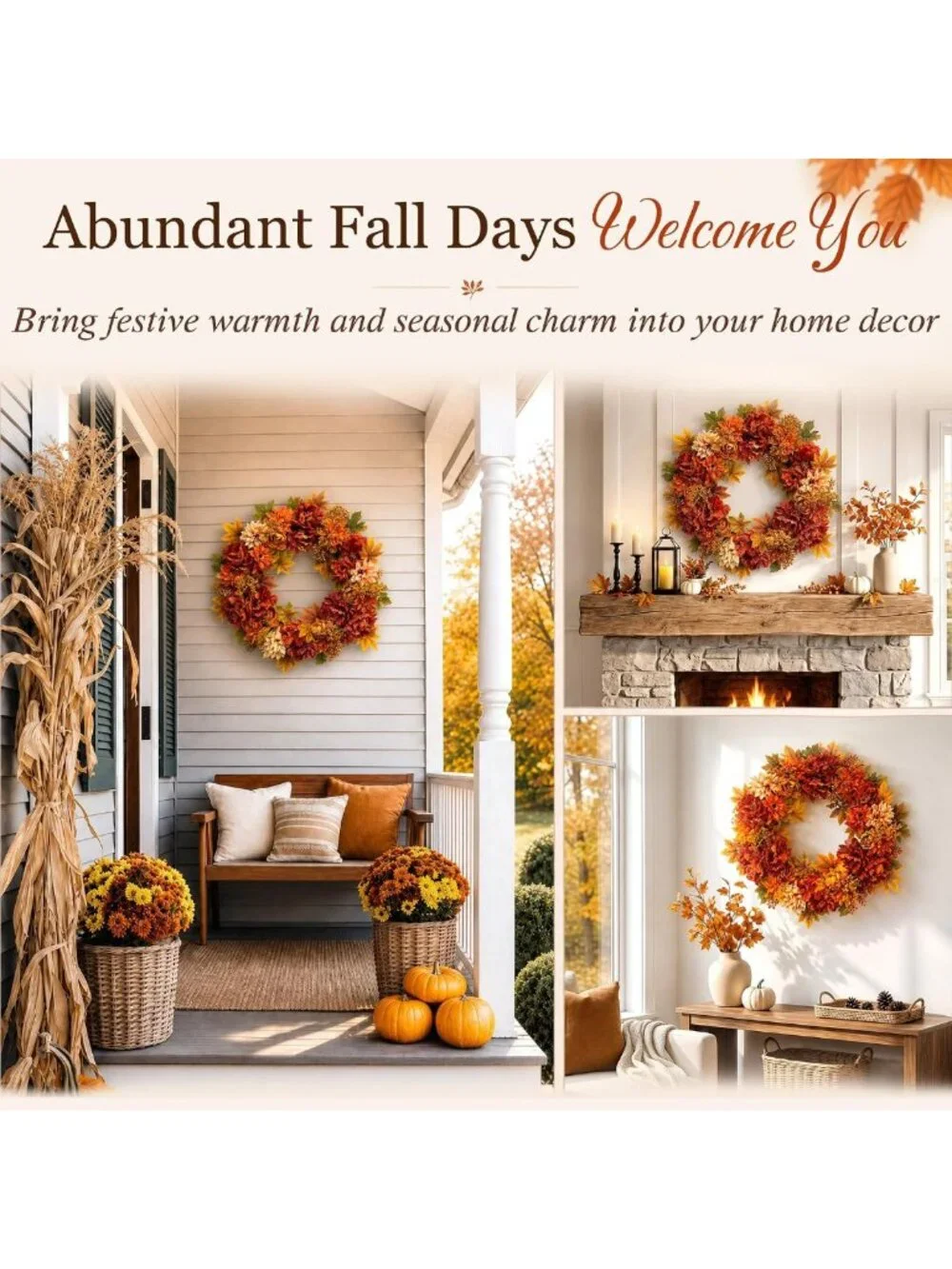 24-Inch Autumn Flower Wreath for Front Door - Fall Decor, Seasonal Home Accent